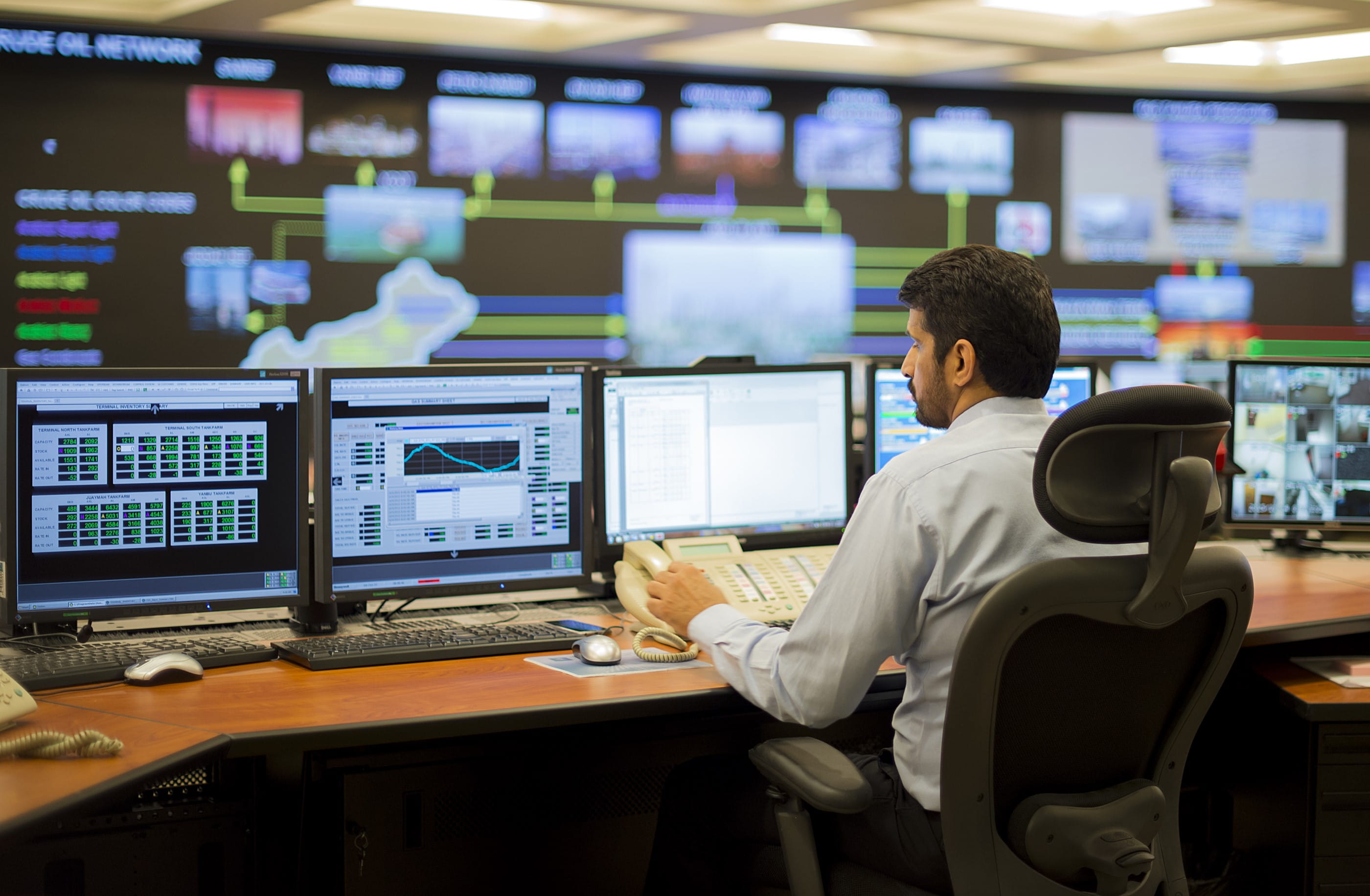 Aramco engineer working in front of computer screens at OSPAS center
