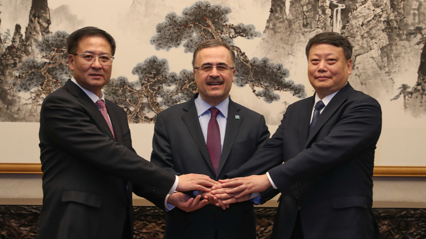 President & CEO of Saudi Aramco, Amin Nasser (center) with Chairman of NORINCO Group, Jiao Kaihe (left) and Governor of Liaoning Province Tang Yijun (right) in Beijing, China