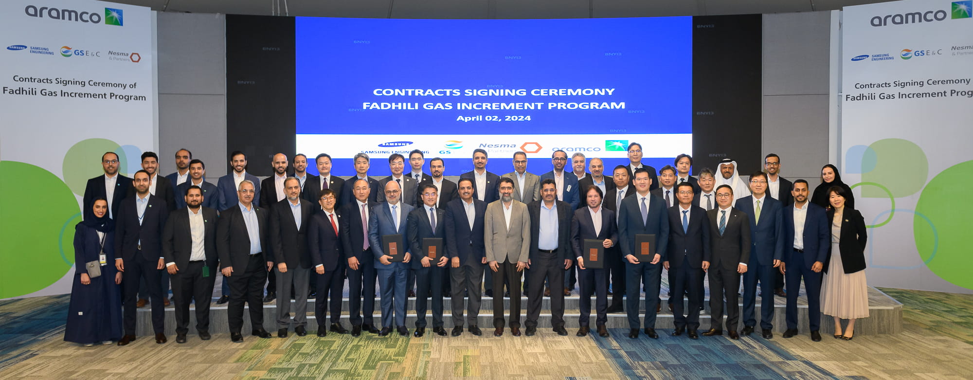 Signing ceremony for engineering, procurement and construction contracts for the Fadhili Gas Plant expansion in Dhahran, Saudi Arabia, on April 2.