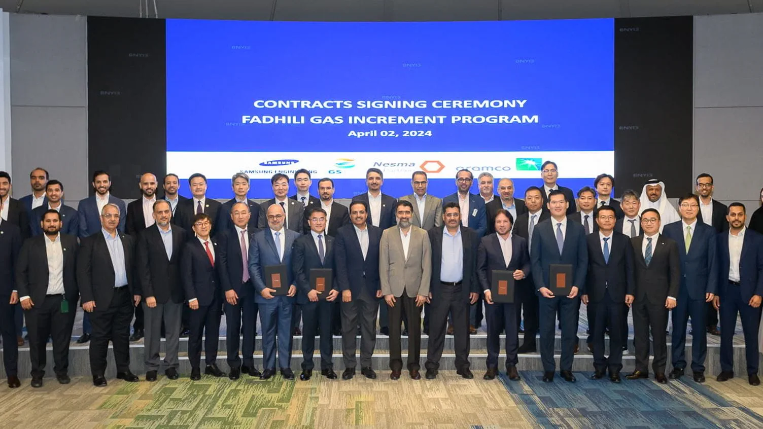 Signing ceremony for engineering, procurement and construction contracts for the Fadhili Gas Plant expansion in Dhahran, Saudi Arabia, on April 2.